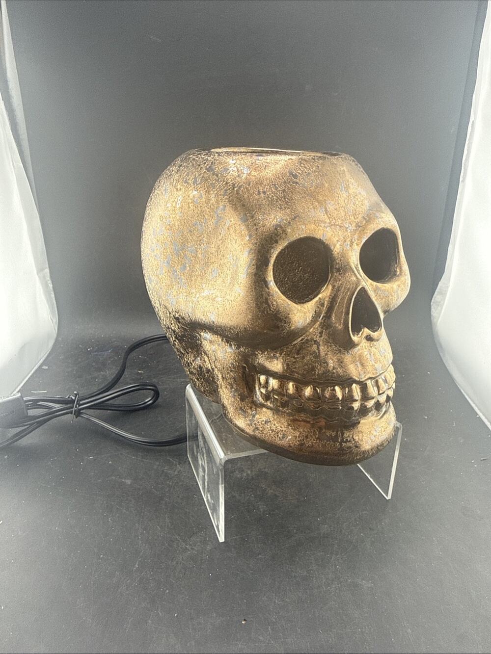 Vintage Style Gold Metallic Skull Lamp Lighted Head Halloween Gothic Decor